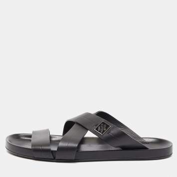 Pre Owned Louis Vuitton Black Leather Criss Cross Strap Flat Slide Sandals Size 42