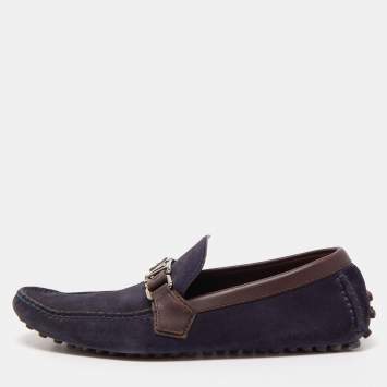 Pre Owned Louis Vuitton Navy Blue/Brown Suede and Leather Hockenheim Slip On Loafers Size 40.5