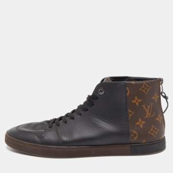 Pre Owned Louis Vuitton Brown/Black Monogram Canvas and Leather Line Up Sneakers Size 43.5 