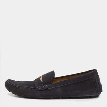 Pre Owned Louis Vuitton Navy Blue Suede Slip On Loafers Size 42.5
