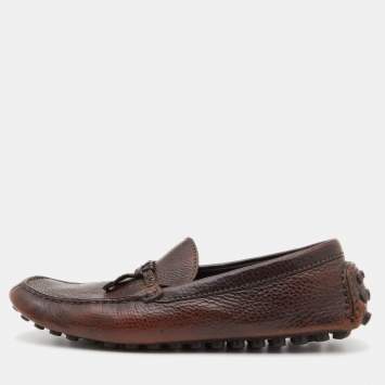 Pre Owned Louis Vuitton Brown Leather Logo Bow Slip On Loafers Size 42.5 