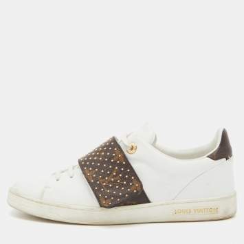 Pre Owned Louis Vuitton White/Brown Monogram Canvas and Leather Studded Frontrow Sneakers Size 38