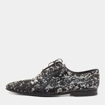 Pre Owned Louis Vuitton Black/Silver Sequins Lace Up Oxfords Size 42