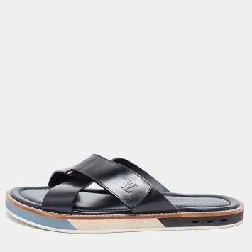 Pre Owned Louis Vuitton Black Leather Cross Strap Sandals Size 43