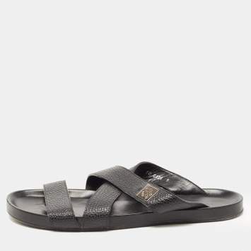Pre Owned Louis Vuitton Black Leather Crisscross Strap Flat Slides Size 43