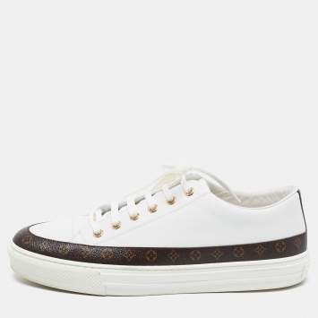 Pre Owned Louis Vuitton White/Brown Monogram Canvas And Leather Lace Up Sneakers Size 41