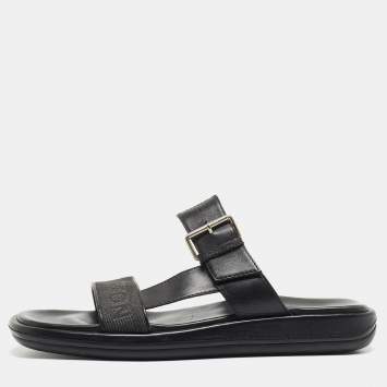 Louis Vuitton Black Leather and Logo Canvas Slide Sandals Size 44.5 