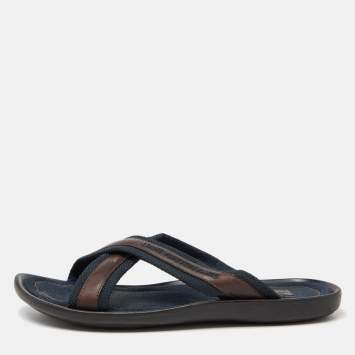 Pre Owned Louis Vuitton Navy Blue/Brown Canvas and Leather Cross Strap Slides Size 43