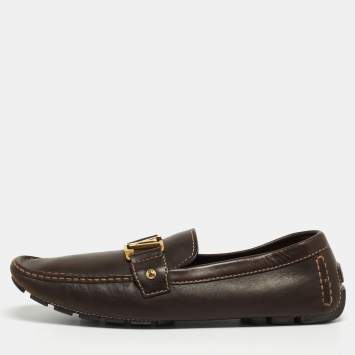 Pre Owned Louis Vuitton Brown Leather Monte Carlo Logo Slip On Loafers Size 44.5