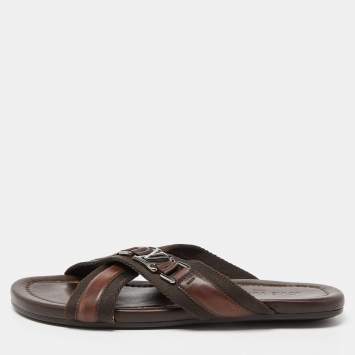 Pre Owned Louis Vuitton Brown Leather and Canvas Criss Cross Flat Slides Size 43 