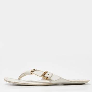 Pre Owned Louis Vuitton Off White Leather Thong Flat Sandals Size Size 43