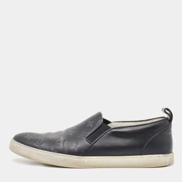 Pre Owned Louis Vuitton Black/Grey Monogram Canvas and Leather Slip On Sneakers Size 42.5