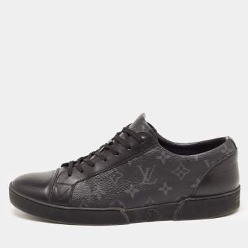 Pre Owned Louis Vuitton Black/Grey Leather and Monogram Coated Canvas Match Up Sneakers Size 42.5