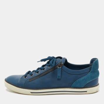 Pre Owned Louis Vuitton Blue Damier Embossed Leather Challenge Zip Up Sneakers Size 41.5