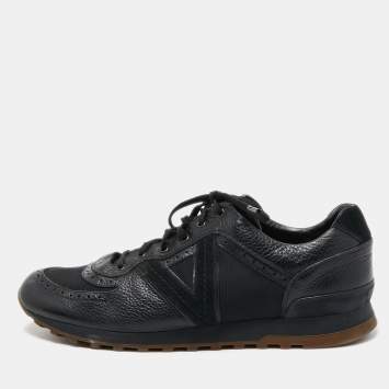 Pre Owned Louis Vuitton Black Leather and Canvas Low Top Sneakers Size 45