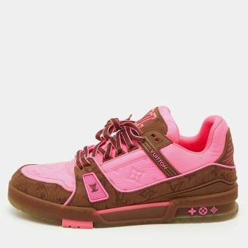 Pre Owned Louis Vuitton Neon Pink/Brown Leather and Fabric Trainer Sneakers Size 43