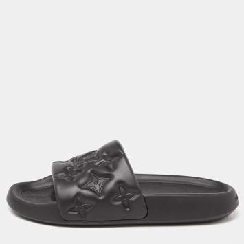 Pre Owned Louis Vuitton Black Monogram Rubber Waterfront Mule Sandals Size 42