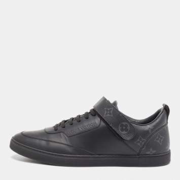 Pre Owned Louis Vuitton Black Leather and Monogram Canvas Velcro Low Top Sneakers Size 42.5