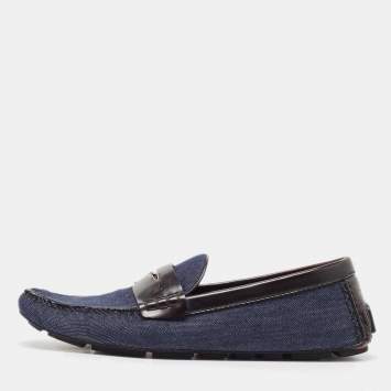 Pre Owned Louis Vuitton Blue Denim And Brown Leather Penny Loafers Size 43