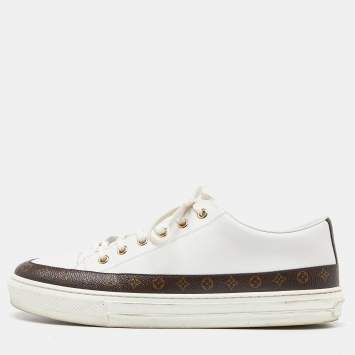 Pre Owned Louis Vuitton White/Brown Leather and Monogram Canvas Stellar Low Top Sneakers Size 41