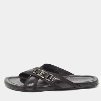 Pre Owned Louis Vuitton Black Leather and Canvas Criss Cross Slides Size 44