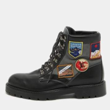 Pre Owned Louis Vuitton Black/Grey Leather and Canvas Metropolis Ranger Boots Size 42
