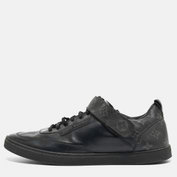 Pre Owned Louis Vuitton Black Leather and Monogram Canvas Passenger Sneakers Size 42.5
