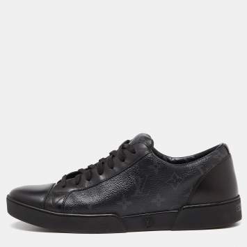 Pre Owned Louis Vuitton Black Leather and Monogram Coated Canvas Match Up Sneakers Size 42