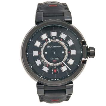 Pre Owned Louis Vuitton Black PVD Plated Stainless Steel Alligator Tambour Spin GMT Q10C3 Men's Wristwatch 44 mm