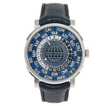 Pre Owned Louis Vuitton Blue Stainless Steel Alligator Escale Timezone Q5D22 Men's Wristwatch 41 mm