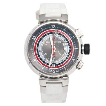 Pre Owned Louis Vuitton Grey Stainless Steel Rubber Tambour Voyagez II Q102C Men's Wristwatch 44 mm