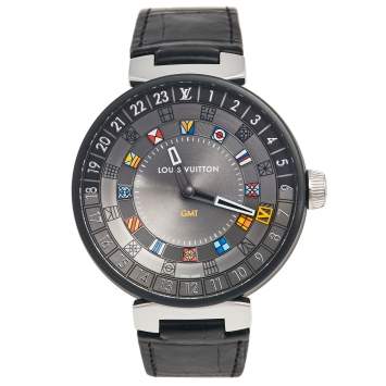 Pre Owned Louis Vuitton Grey PVD Coated Stainless Steel Alligator Moon Dual Time QA097 Men's Wristwatch 44 mm