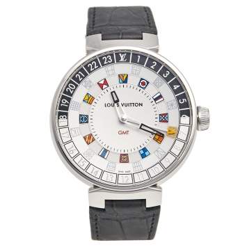 Pre Owned Louis Vuitton Silver Stainless Steel Alligator Tambour Moon Dual Time QA096 Men's Wristwatch 44 mm