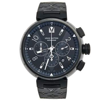 Pre Owned Louis Vuitton Black PVD Coated Stainless Steel Rubber Tambour Chronograph Q1A62 Men's Wristwatch 46 mm