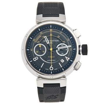Pre Owned Louis Vuitton Black Stainless Steel Rubber Tambour Flyback Q102B Men's Wristwatch 44 mm