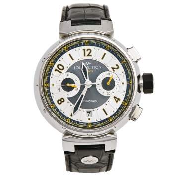 Pre Owned Louis Vuitton Silver Stainless Steel Alligator Tambour Flyback Q1028 Men's Wristwatch 44 mm