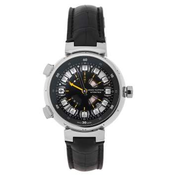 Pre Owned Louis Vuitton Black 18K White Gold Alligator Tambour Spin GMT Q10C3 Men's Wristwatch 44 mm