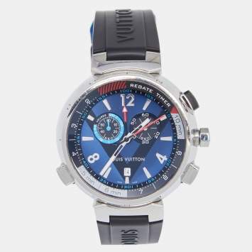 Pre Owned Louis Vuitton Blue Stainless Steel Rubber Tambour Regatta Q102D Men's Wristwatch 44MM