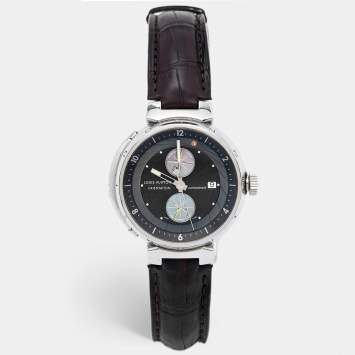 Pre Owned Louis Vuitton Brown Stainless Steel Alligator Tambour Q10A1 Automatic Men's Wristwatch 45 mm