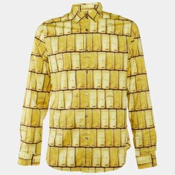 Pre Owned Love Moschino Yellow Gold Bar Print Cotton Long Sleeve Shirt L