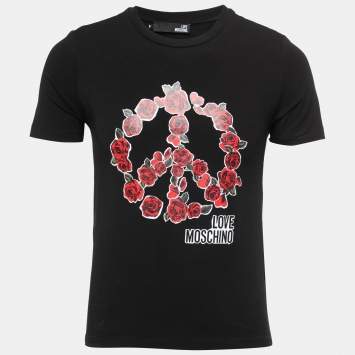 Pre Owned Love Moschino Black Flower Peace Logo Cotton T-Shirt S