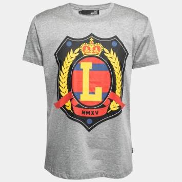 Pre Owned Love Moschino Grey Shield Print Cotton Crew Neck T-Shirt L