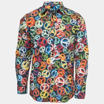 Pre Owned Love Moschino Multicolor Peace Print Cotton Long Sleeve Shirt S