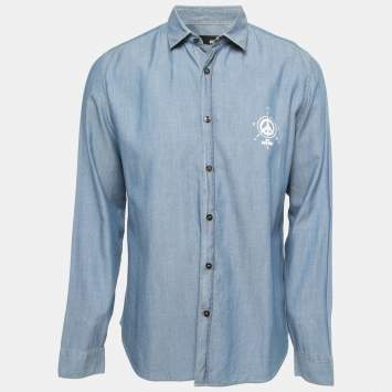 Pre Owned Love Moschino Blue Printed Cotton Full Sleeve Shirt L
