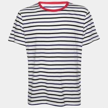 Pre Owned Maison Martin Margiela White Striped Cotton Knit Contrast Neck Detail T-Shirt XL