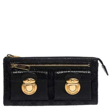 Pre Owned Marc Jacobs Black Python Embossed Leather Double Pocket Zip Wallet