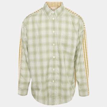 Pre Owned Marni Green/Yellow Checked Cotton Raw Edge Detail Oversized Shirt M
