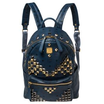 Pre Owned MCM Blue Coated Canvas and Leather Large Studs Stark Backpack