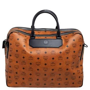 Pre Owned MCM Black/Cognac Visetos Coated Canvas and Leather Briefcase 