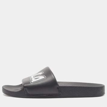 Pre Owned McQ by Alexander McQueen Black Leather and Rubber Logo Pool Slides Size 40